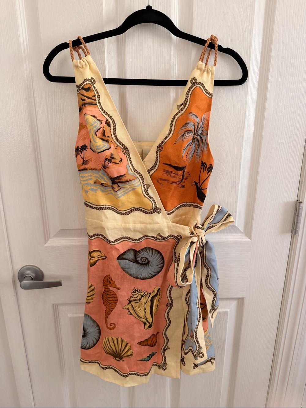 FARM Rio Coral, Orange & Cream Shell-Print Wrap Mini Dress